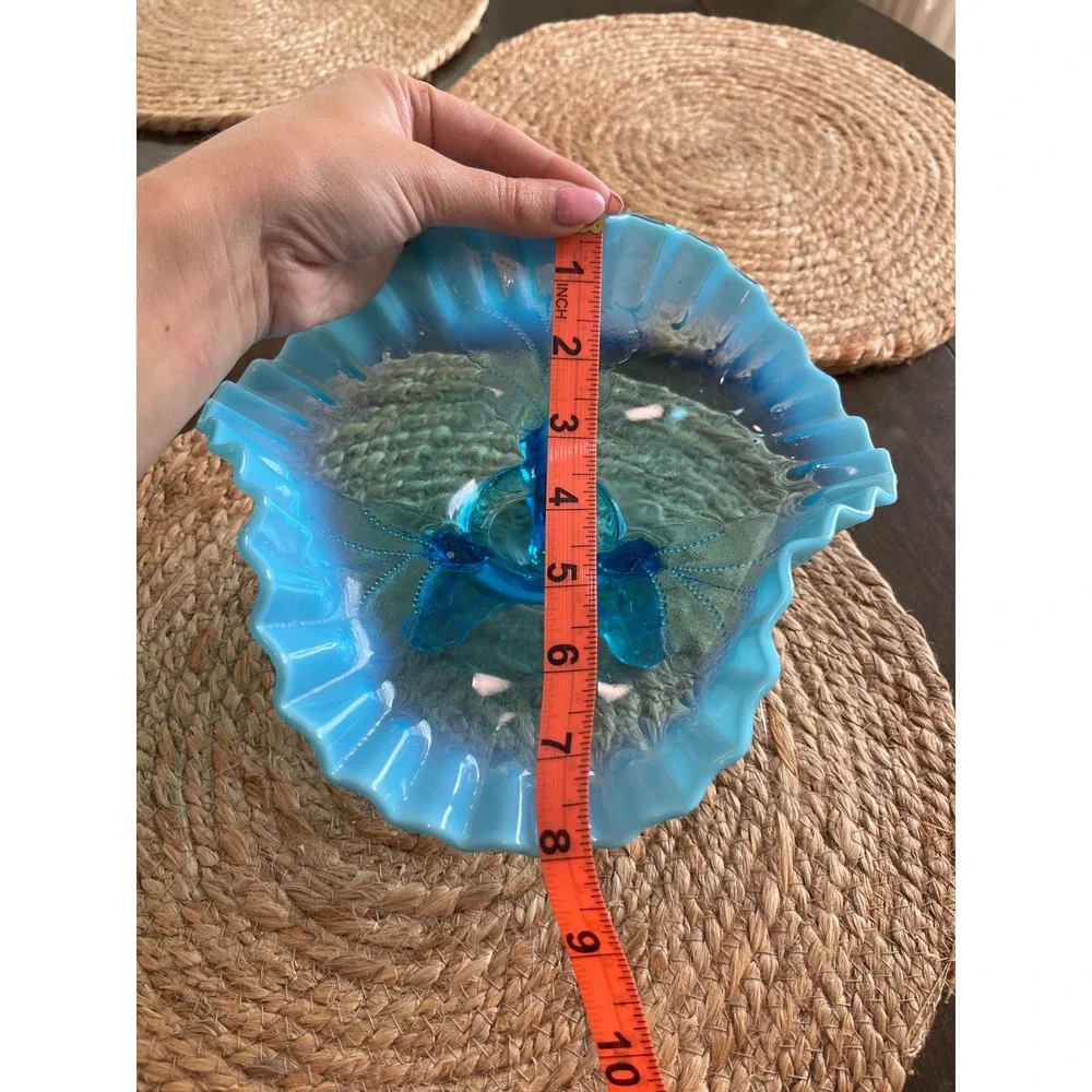 Vintage Blue Opalescent Glass Ruffled Footed Candy Dish Compote